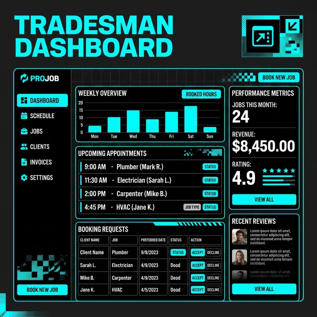 A high-contrast owner dashboard: live bookings, payments, and revenue — all in one place. No spreadsheets, no chasing.